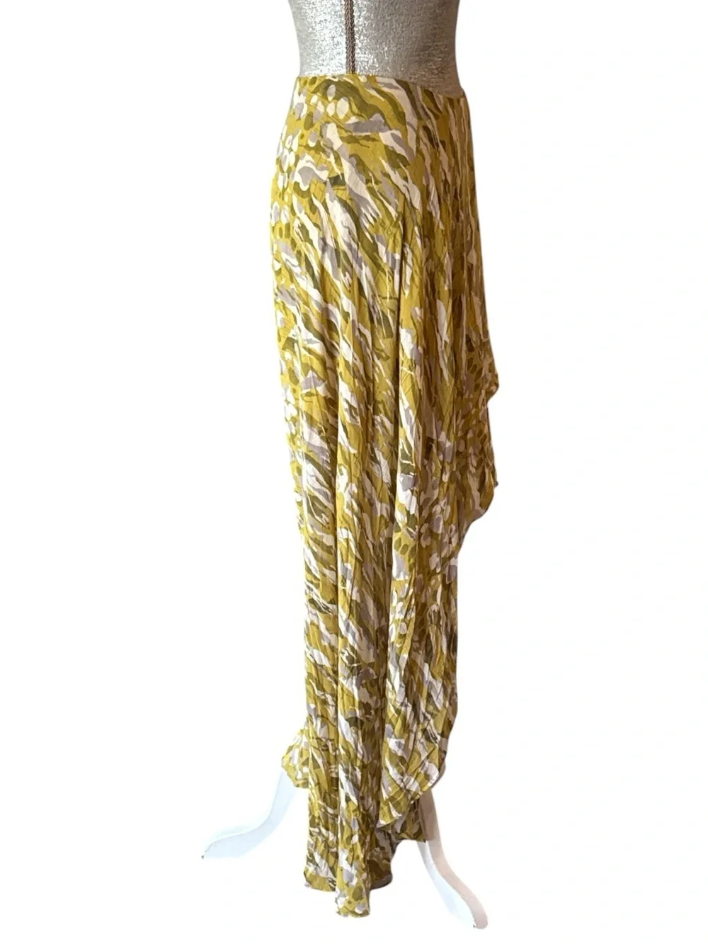 AllSaints Slvina Oniyuri Yellow Multi Camo Print Asymmetric Maxi Skirt Size 8